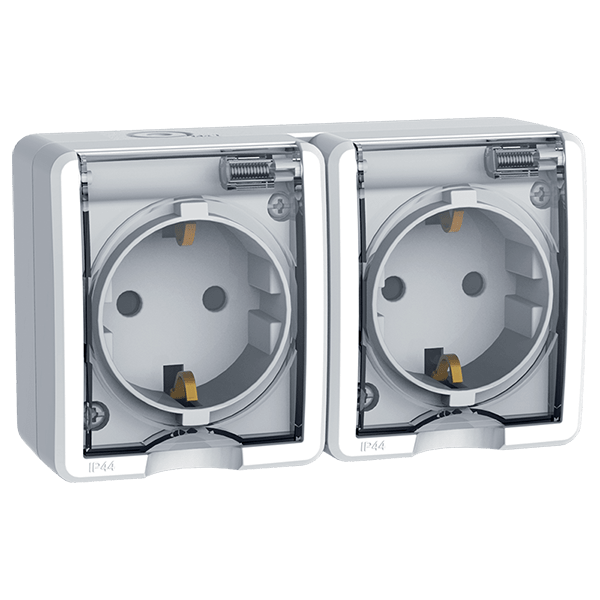КОНТАКТ ШУКО ДВОЕН ОТКРИТ МОНТАЖ IP44 БЯЛ