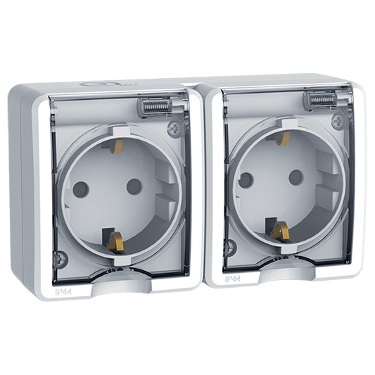 КОНТАКТ ШУКО ДВОЕН ОТКРИТ МОНТАЖ IP44 БЯЛ